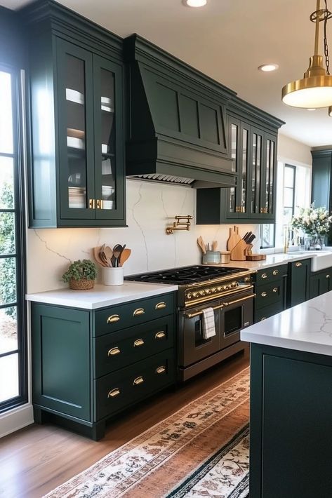 Dark Emerald Green Kitchen Cabinets, Black Green Cabinets Kitchen, Dark Green Kitchen Gold Hardware, Stained Green Kitchen Cabinets, Kitchen Ideas Dark Green Cabinets, Dark Forest Green Kitchen, Green And Gold Kitchen Cabinets, Dark Olive Green Kitchen Cabinets, Forest Green Cabinets Kitchen