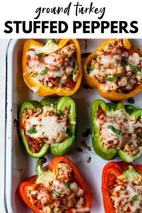 These light and healthy Ground Turkey Stuffed Peppers always make for an easy, protein-packed dinner! They’re stuffed with an aromatic turkey filling, topped with marinara and cheese, and are naturally keto, low carb and gluten free. Healthy Ground Turkey Stuffed Peppers, Stuffed Peppers Macro Friendly, Stuff Bell Peppers Recipe Ground Turkey Low Carb, Macro Stuffed Peppers, Clean Eating Stuffed Peppers, Recipes With Ground Turkey Low Carb, Light Protein Dinner, Turkey Stuffed Peppers Recipe, Stuffed Peppers With Turkey Meat