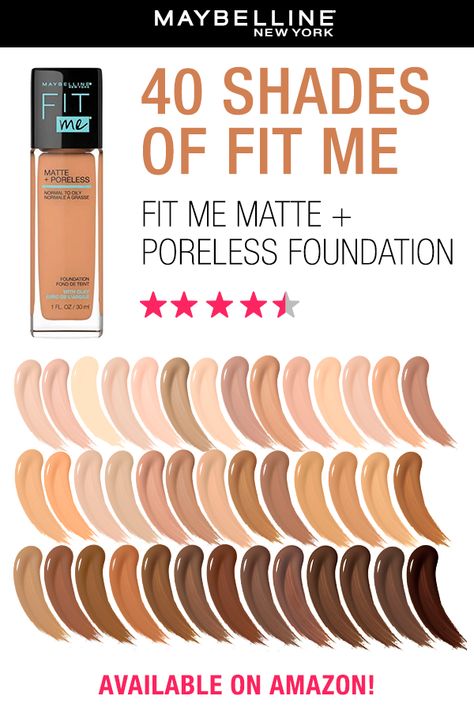 Maybelline Fit Me Matte + Poreless Foundation gives you a natural-looking flawless matte finish. It's formulated with mattifying clay to control shine and blur pores. Ideal for normal to oily skin. Matte Poreless Foundation, Makeup Looks Everyday, Fit Me Foundation, Fit Me Matte And Poreless, Velvet Skin, Estee Lauder Advanced Night Repair, Oil Free Foundation, Maybelline Makeup, Natural Lip Colors