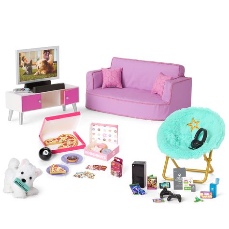 The Weekend at Home Bundle for 18-inch Dolls features the American Girl® Living Room, the Coconut Chip™ Dog, and accessories for endless imaginative play. My Life Doll Accessories, Girl Living Room, American Girl Doll Bed, Play Doctor, American Girl Doll Sets, Party Sleepover, Games With Friends, Ella Bella, Baby Doll Set