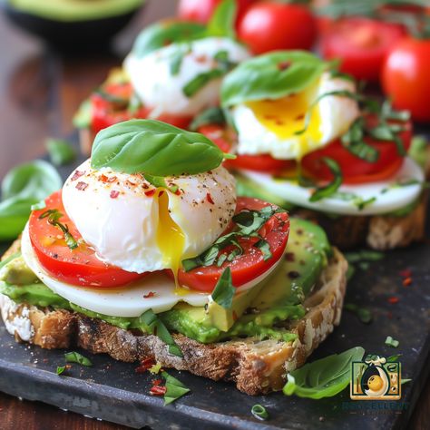 Caprese Avocado Toast with Poached Egg Caprese Avocado Toast, Avocado Toast With Poached Egg, Caprese Avocado, The Best Avocado Toast, Luxurious Breakfast, Best Avocado Toast, Toast Recipe Breakfast, Poached Egg Recipe, Avocado Toast Breakfast