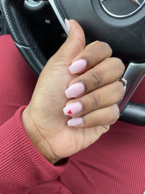 Valentine’s Day Nails Coffin Short, Coffin Small Nails, Valentines Day Nails Pink With Red Heart, Small Design On Nails, Small Pink Heart Nails, Pink Heart On Nails, Pink Nails With White Heart On Ring Finger, Valentines Nails Short Coffin, Valentines Day Nails Heart On Ring Finger