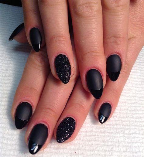 Different Black Nails, Short Almond Matte Black Nails, Black Uv Gel Nails, Matte Black With Glitter Nails, Black Nails With Black Tips, Bridal Black Nails, Dip Powder Nails Matte Black, Black Matte Gloss Nails, Matte Black Nails With Glitter Accent