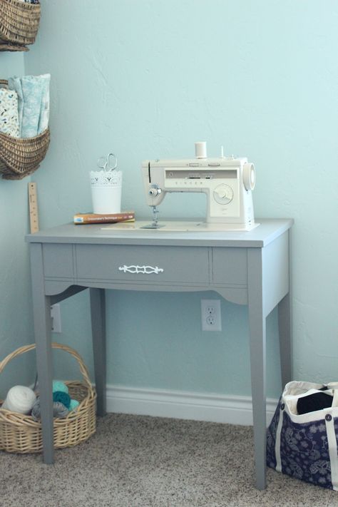 Painted Sewing Machine Table Painted Sewing Machine, Breakfast Nook Curtains, Sewing Desk, Sewing Room Inspiration, Sewing Machine Tables, Table Organizer, Sewing Machine Cabinet, Sewing Machine Table, Sewing Room Design