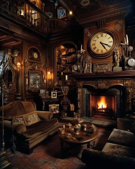 Small Victorian House Interior, Gothic Grandma Aesthetic, Steampunk House Exterior, Steampunk Mansion, Steampunk House Interiors, Gothic Victorian Homes, Dark Academia Interior, Steampunk Interior, Gothic Mansion