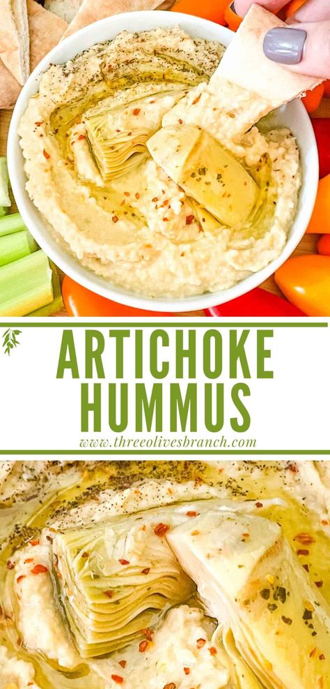 Artichoke Lemon Hummus is made with just a few simple ingredients! A healthy and protein packed vegetarian and vegan appetizer using artichoke hearts. Featuring Mediterranean flavors in a garbanzo bean chickpea dip. Gluten free. No tahini required. Artichoke Hummus Recipe, Vegan Artichoke Dip, Artichoke Heart Recipes, Chickpea Dip, Garbanzo Bean Recipes, Lentil Hummus, Lemon Hummus, Chickpea Hummus, Vegan Appetizer