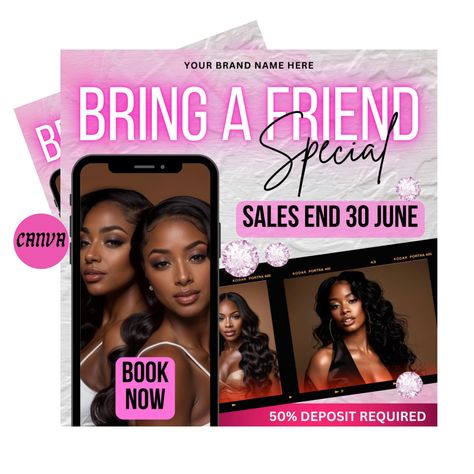 PLEASE NOTE: THIS IS A DIGITAL DOWNLOAD PRODUCT, NO PHYSICAL PRODUCT WILL BE SHIPPED WHAT YOU WILL RECEIVE: 1 CANVA TEMPLATE Introducing the Bring a Friend Flyer, the perfect tool to boost your salon's clientele and promote your services! This eye-catching flyer is designed to highlight your exciting bring a friend deal, making it easy for your loyal customers to invite their besties for a pampering session. Whether you specialize in wigs installation, nails, makeup, or hair styling, this promotion flyer showcases your offerings beautifully. With our bestie deal flyer, you can offer special discounts that will attract new clients and keep your existing ones coming back for more. Don't miss out on this fantastic opportunity to grow your business--grab your bring a friend sale flyer today an Wigs Installation, Bring A Friend, Nails Makeup, Sale Flyer, Graphic Design Logo, Hair Styling, Canva Template, Brand Names, Stationery Design