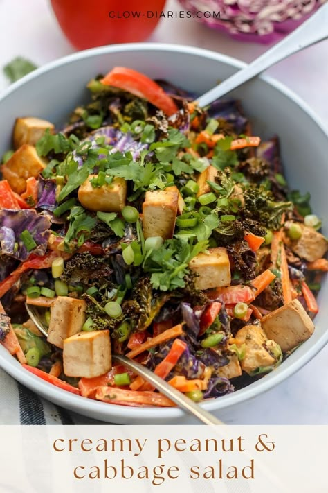 This Asian inspired fusion salad is hearty, vibrant and vegan friendly. Packed with vegetables plus tofu and edamame for protein, this salad makes for a filling meal or substantial side dish. It's simple to prepare and served warm. Mediterranean Asian Fusion, Asian Fusion Salad, Glow Diaries, Satay Salad, Tofu Salad Recipes, Tofu Satay, Edamame Recipes, Vegan Pasta Dish, Baked Cabbage