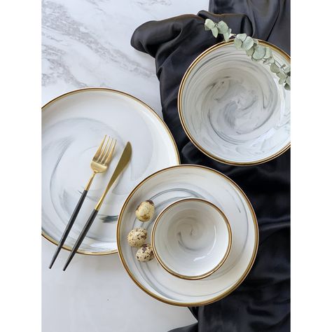 Mercer41 Hanway Ceramic Dinnerware Set | Wayfair Assiette Design, Marble Plates, Modern Tableware, Ceramic Dinnerware Set, Marble Ceramics, Tableware Design, Ceramic Dinnerware, Gold Ceramic, Soup Plating