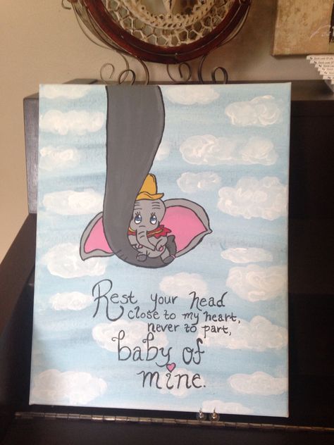 DIY canvas painting - Dumbo Baby Room Paintings Canvases, Disney Characters Paintings Canvases, Up Canvas Painting Disney, Disney Character Canvas Painting, Dumbo Painting Easy, Painting Canvas Diy, Dumbo Painting, Cute Elephant Canvas Paintings, Dumbo Canvas Painting