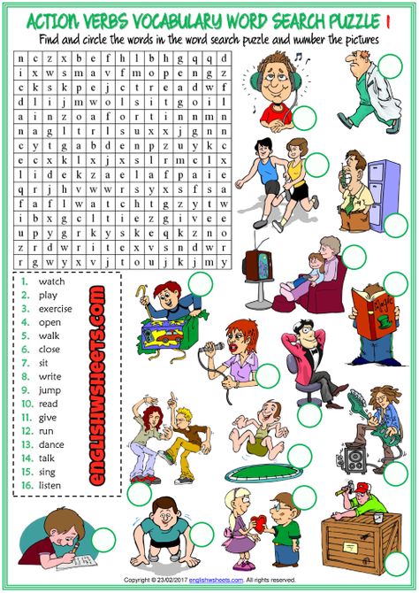 Puzzle Worksheets For Kids, Vocabulary Games For Kids, Daily Routine Worksheet, Action Verbs Worksheet, Verbs Esl, Daily Routine Activities, Verbs Activities, Verb Words, Word Search Puzzles Printables