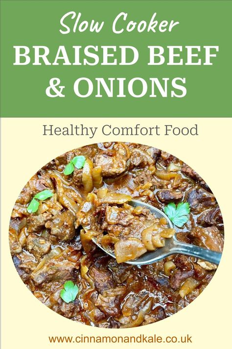 Braised beef and onions with spoon and parsley leaves Crockpot Braised Beef, Easy Beef Dinner, Braised Steak And Onions, Beef And Onions, Braised Steak, Onion Casserole, Steak And Onions, Crockpot Stew, Healthy Beef