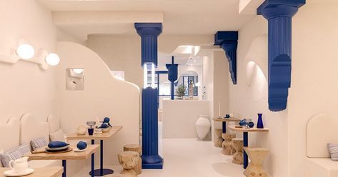 Drukarka 3d, Greek Columns, Greek Restaurants, Greek Design, Restaurant Concept, Spanish Design, Led Tubes, Gongs, Wooden Stools