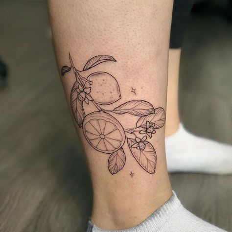 Olivia Harrison on Instagram: “Lemon branch! 🍋” Tangerine Branch Tattoo, Lemon Tree Flower Tattoo, Lemon Vine Tattoo, Lime Tree Tattoo, Lemon Blossom Tattoo, Fruit Tattoo Black And White, Lemon Fine Line Tattoo, Lemon Flower Tattoo, Fruit Tree Tattoo