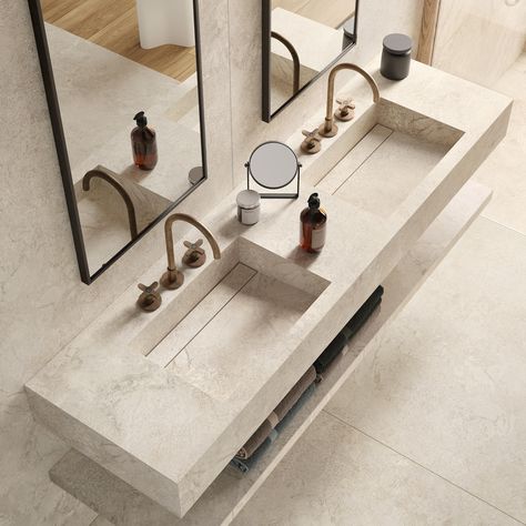 The sleek lines of the Double Figure integrated double washbasin are complemented by the Flag shelf and shower trays, emphasising the beauty and practicality of Fondovalle ceramics through perfectly integrated bathroom furniture and tiling. Purity and harmony, paired with a stylish design that prioritises the functionality and tactility of the materials, all inspired by natural, harmonious habitats. #DesignSurfaces #ceramicafondovalle #ceramicslabs #porcelain #ceramic #archilovers #inspiration Double Wash Basin Ideas, Shower Trays, Double Basin, Shower Tray, Double Sink, The Flag, Interior Ideas, Wash Basin, Bathroom Furniture