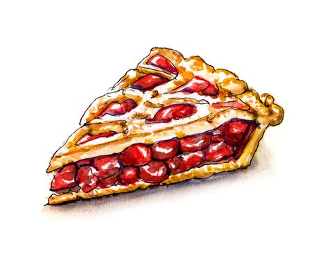 A Simple Cherry Pie Pie Watercolor, Cherry Images, Pie Drawing, Cherry Drawing, Watercolor Food Illustration, Pie Slice, Food Illustration Art, Watercolor Food, Pie Cake