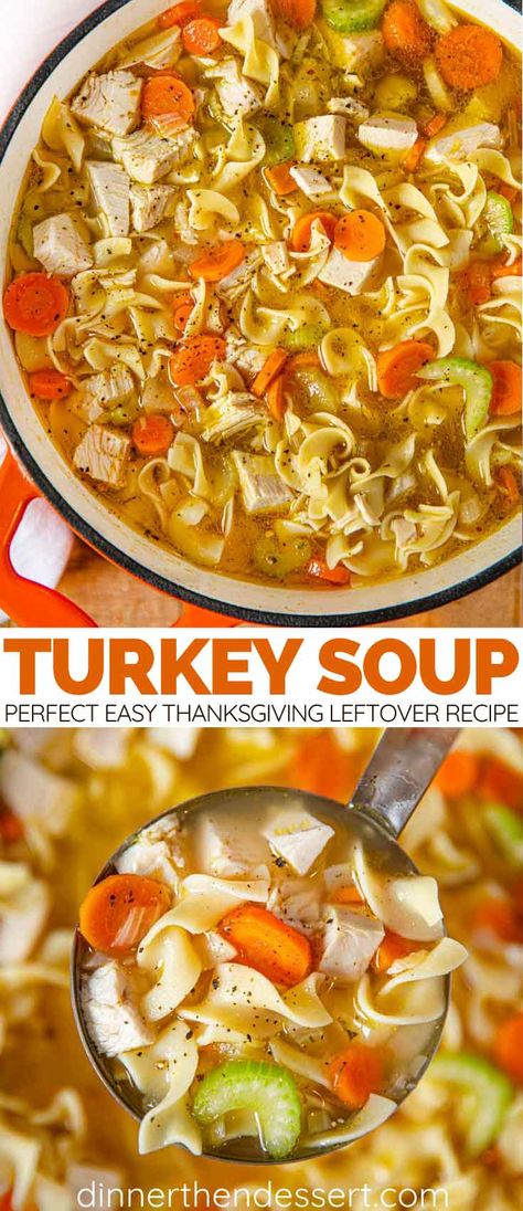 Turkey Soup is an easy Thanksgiving leftovers recipe made with turkey, noodles, and veggies that is a perfect laid back meal to recoup from a busy week. #Thanksgivingleftovers #turkeysoup #soup #heartysoup #leftovers #dinnerthendessert Turkey Pasta Soup Recipes, Turkey Recipes Leftover, Dessert Turkey, Turkey Noodles, Slow Cooker Turkey Soup, Oven Turkey, Turkey Eye, Soup Turkey, Aesthetic Turkey