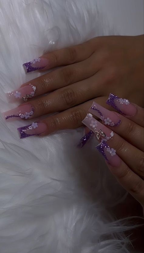 Prom Nail Ideas Purple, Classy Lavender Nails, Wedding Purple And Silver, Cute Bday Nails Acrylic, Glitter Roses Purple, Nail Inspo Dark Purple, Rapunzel Quince Nails, Purple Nails Quinceanera, Quince Nails Purple Butterfly