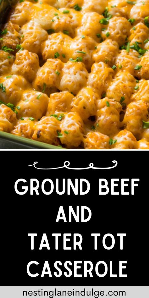 Ground Beef and Tater Tot Casserole recipe graphic. Ground Beef Dinner Ideas, Beef Dinner Ideas, Tater Tot Casserole Recipe, Ground Beef Dinner, Quick Family Meals, Tater Tot Casserole Recipes, Creamy Mushroom Soup, Homemade Dinner Recipes, Tot Casserole