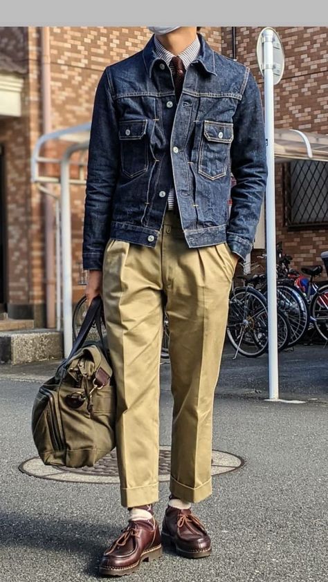 Mens Chore Coat Outfit, Ametora Style Men, Amekaji Mens Fashion, Amekaji Style, Paraboot Outfit, Ametora Style, Denim Jacket Outfit Mens, Americana Fashion Men, Japanese Americana