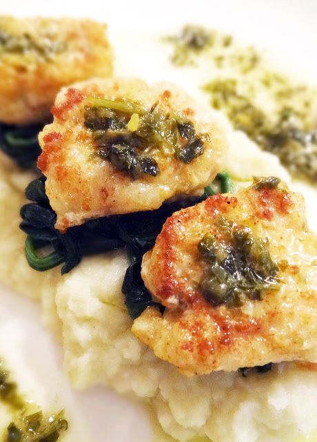 Scrumpdillyicious: Pan Fried Monkfish with Lemon Caper Butter Sauce Lemon Caper Butter Sauce, Caper Butter Sauce, Poor Man's Lobster, Monkfish Recipes, Caper Butter, Monk Fish, Cauliflower Puree, Wilted Spinach, Fish Dinner