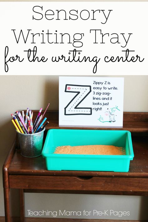 Sensory Writing Tray for the Writing Center! A great hands on way for preschool and kindergarten to work on their letters. Great sensory activity to work on the alphabet! Writing Center Preschool, Pre-k Writing, Writing Corner, Teaching Mama, Pre K Pages, Prek Classroom, Writing Station, Writing Area, Preschool Centers