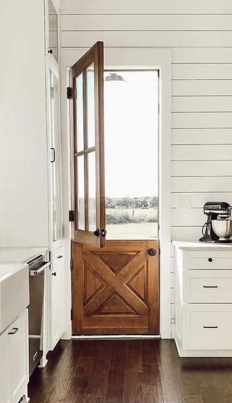 It’s like chocolate and peanut butter, pie and ice cream….. shiplap and a Dutch door. Perfection!! 📸 @jacobsfarmstead Half And Half Door, Dutch Door Farmhouse, Dutch Door In Kitchen, Indoor Dutch Door, Barn Dutch Door, Cottage Dutch Door, Wooden Dutch Door, French Dutch Doors, Dutch Door Laundry Room