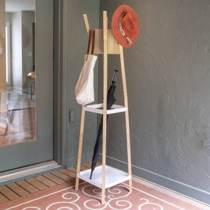 Umbrella Rack, Creating An Entryway, Wood Coat Rack, Modern Coat Rack, Kids Playroom Furniture, Standing Coat Rack, White Shelves, Entryway Organization, Coat Rack Wall