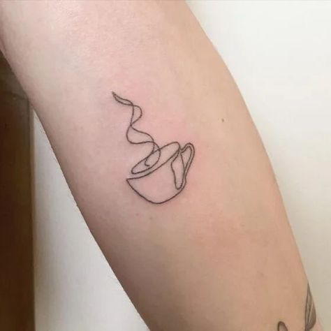 Coffee Best Friend Tattoo, Coffee Theme Tattoo, Coffee Stain Tattoo, Simple Coffee Cup Tattoo, Small Coffee Tattoo Ideas, Coffee Matching Tattoo, Coffee Themed Tattoos, Coffee Tattoo Ideas Minimalist, Coffee Inspired Tattoos