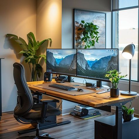 Modern sophisticated home office setup with wooden desk, dual monitor, stylish lamp, green plants, and natural light, ideal for work and inspiration. Office Setup Minimalist, Podcast Studio Setup, Minimalist Desk Setup, Dream Desk Setup, Best Standing Desk, Desk Setup Ideas, Setup Pc, Gaming Setup Ideas, Gaming Aesthetic