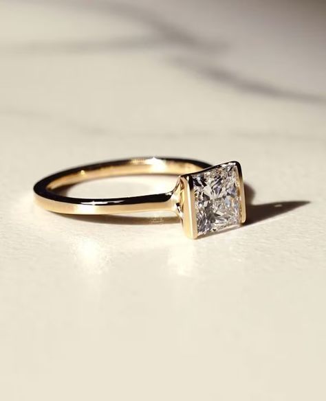 Princess Cut Moissanite Engagement Ring Princess Diamond Half - Etsy Princess Promise Rings, Bar Setting, Half Bezel, Princess Cut Moissanite, Moissanite Engagement Ring Solitaire, Ring Bezel, Wedding Rings Solitaire, Types Of Diamonds, Moissanite Wedding Rings