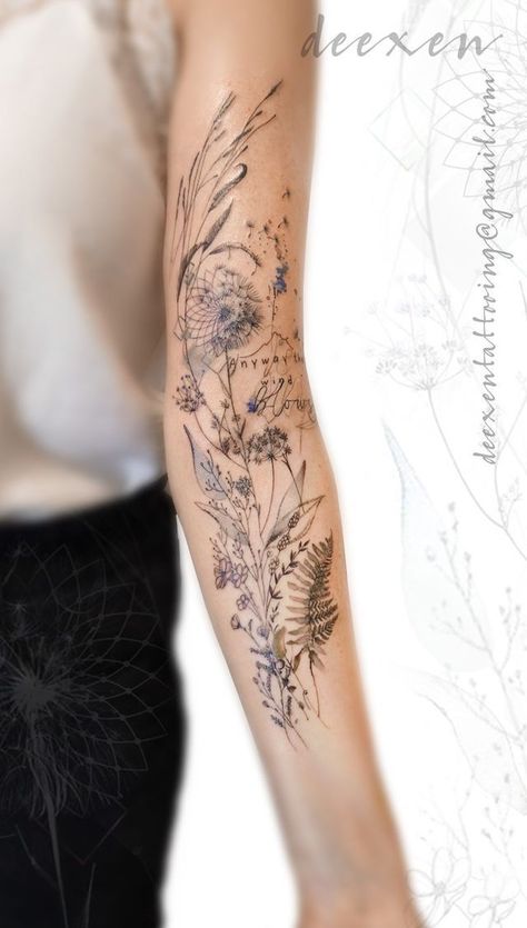 Soft Sleeve Tattoos For Women, Fine Line Wildflower Tattoo Sleeve, Medium Women Tattoos, Boho Forearm Tattoo Women, Dainty Sleeves Tattoos, Tattoo Add Ons Ideas Half Sleeves, Sleeve Tattoos For Women Nature, Wildflower Forearm Tattoo Women, Nature Half Sleeve Tattoo For Women