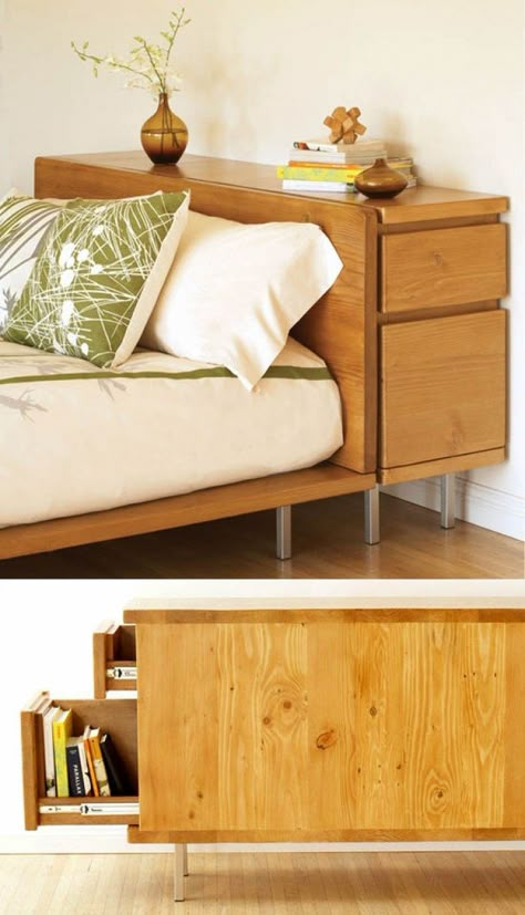 11-Ways-To-Make-Big-Space-In-Your-Small-Bedroom Reclaimed Wood Bedroom Furniture, Zimmer Diy, Small Bedroom Storage, Storage Solutions Bedroom, Wood Bedroom Furniture, Headboard Storage, Remodel Bedroom, Bedroom Storage, New Room