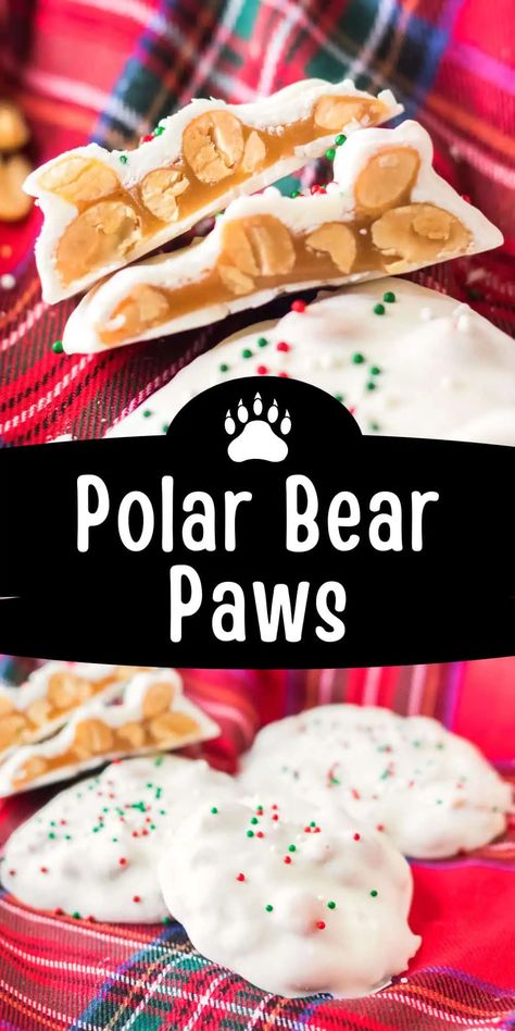 Polar bear paws candy is a delicious combination of buttery caramel and salty peanuts coated in sweet white chocolate-- absolutely heavenly! White Bark Candy Holiday Treats, White Chocolate Christmas Candy, White Chocolate Candy Recipes, Christmas Candy And Treats, Crockpot Christmas Candy, Polar Bear Paws, Cornflake Candy, Sees Candy, Candy Platter