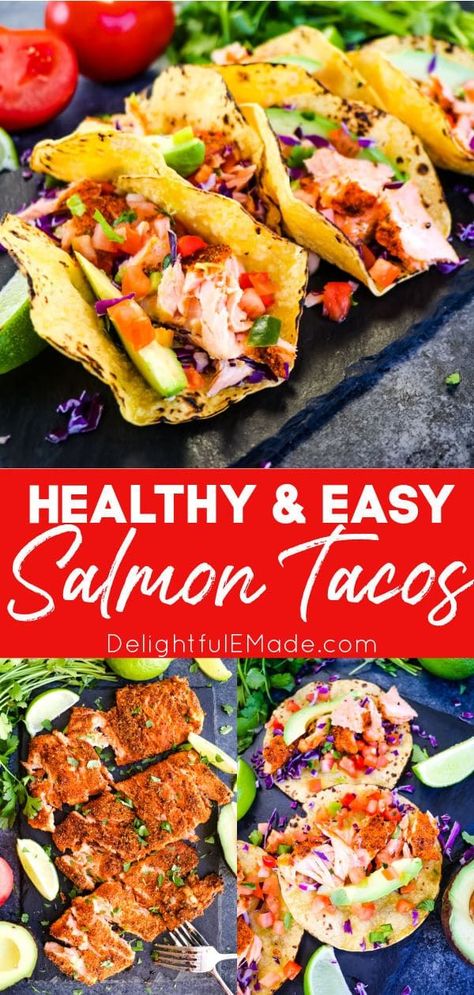 Easy Salmon Tacos, Salmon Fish Tacos, Salmon Tacos Recipe, Baked Fish Tacos, Easy Taco Recipes, Salmon Tacos, Fish Tacos Recipe, Salmon Seasoning, Healthy Salmon