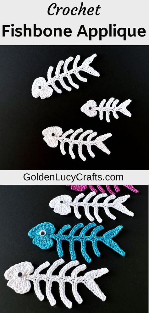 Crocheted fishbone appliques. Skeleton Crochet, Nautical Crochet, Kawaii Fish, Crochet Fish Patterns, Bone Fish, Fish Skeleton, Crochet Fish, Fish Patterns, Applique Pattern