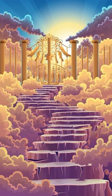 Heaven Illustration Art, Heaven Gates Drawing, Drawing Of Heaven, Staircase To Heaven Drawing, Gate Illustrations, Gates Of Heaven Drawing, Gates To Heaven, Heaven Drawing, Hope Background