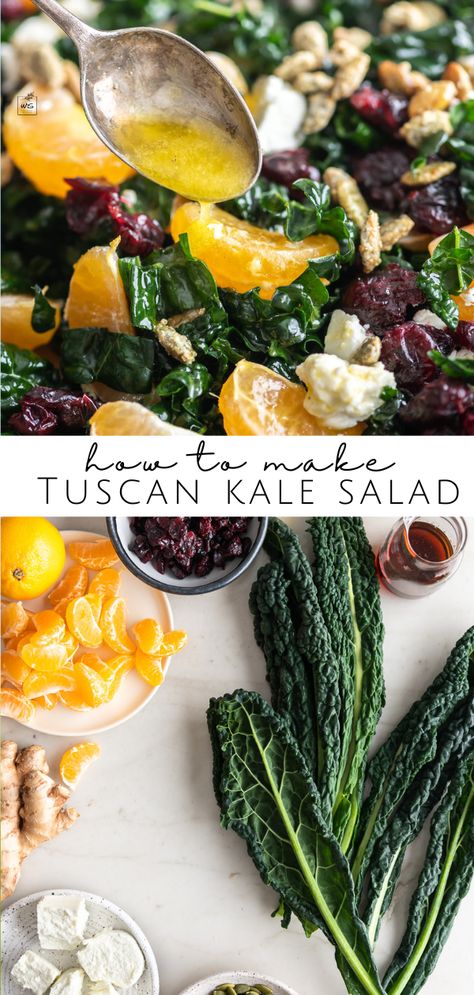 Tuscan Kale Salad Recipes, Spinach Kale Salad Recipes, Kale Goat Cheese Salad, Kale Couscous Salad, Lacinato Kale Salad, Tuscan Kale Recipe, Fancy Salad Recipes, Fall Kale Salad, Tuscan Kale Salad