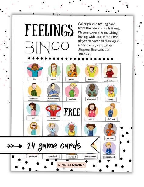 Printable Feelings BINGO is the perfect SEL learning game Our instant PDF file makes printing and assembly easy for parents, teachers, and school counselors, This emotions bingo game printable includes 24 unique game cards and 30 emotion callouts. It's perfect for families, classrooms, and parties. #feelingsbingo #emotionsbingo Feelings Bingo, Social Skills Activities For Kids, Social Skills Games, Bingo Games For Kids, Free Bingo Cards, Feelings Activities, Emotions Cards, Social Skills For Kids, Bingo Template