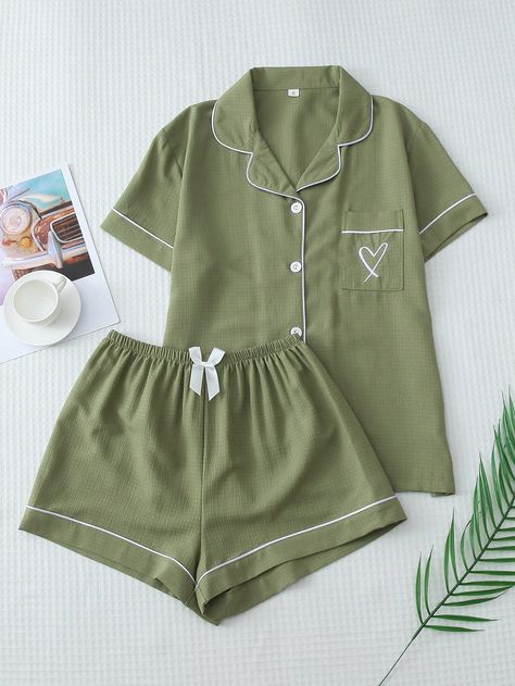 2pcs Women's Solid Color Summer Homewear Set With Contrast Trim, Embroidered Heart Short Sleeve Button-Up Shirt And Bowknot ShortsI discovered amazing products on SHEIN.com, come check them out! Cute Green Pajamas, Matching Pj Sets For Couples, Aesthetic Pj Outfits, Green Pjs, Sleepy Clothes, Cute Pajama Outfits, Green Pajamas, Short Pjs, Pj Outfit