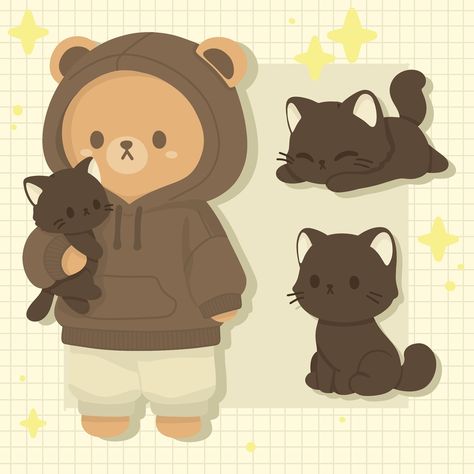 cute design of a bear and a cat Chibi Bear, Plush Ideas, Sticker Inspo, Kawaii Clipart, Sleeping Animals, Chibi Cat, Bear Costume, Bear Art, Creative Sketches