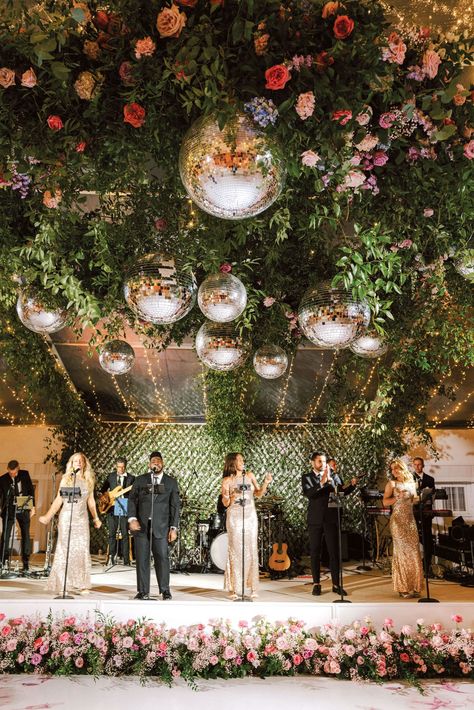 Disco Ball Installation, Victoria Evans, Rosewood Baha Mar, Pink Floral Border, Ball Installation, Baha Mar, Dance Floor Wedding, Garden Wedding Reception, Palm Beach Wedding