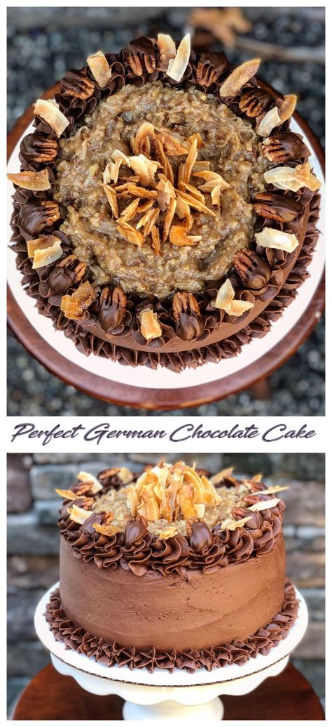 Pretty German Chocolate Cake, Decorated German Chocolate Cake, German Chocolate Cake Decorated, White German Chocolate Cake, Bakery Favorites, German Chocolate Cake Recipe, Coconut Pecan Frosting, Coconut Frosting, Coconut Pecan