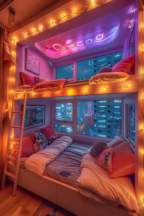 One bedroom, big bed covered with colorful lights, bunk bed, four-person bed, style based on detailed city night scene, Korean wave, y2k aesthetics, super flat, dreamlike architecture, multi-level, clear and clean, real shooting, wide Angle shooting 8K HD, HD, Two Person Room Ideas Aesthetic, Korean Bunk Bed, Weird Bedrooms, Y2k Aesthetic Bedroom, Bunk Bed Rooms Decor Aesthetic, Room Ideas With Bunk Beds, Y2k Interior Design, Bedroom Big Bed, Aesthetic Bunk Bed