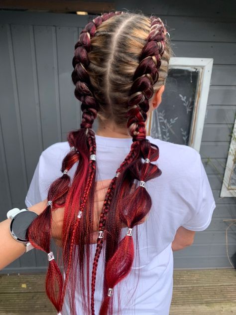 Dragon Braid Hairstyles With Extensions, Red Mermaid Braids, Fire Red Braids, Rave Braids Festival Hair Red, Red Hair Braid Aesthetic, Braids With Extensions, Dutch Braid, Braids