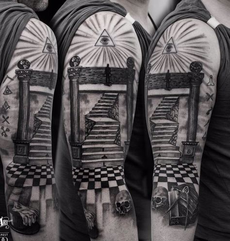 Columns Tattoo, Freemasonry Tattoo, Masonic Tattoos Freemasonry, Staircase Tattoo, Freemason Tattoo, Templar Knight Tattoo, Masonic Tattoos, Revival Tattoo, Tattoo Catalog