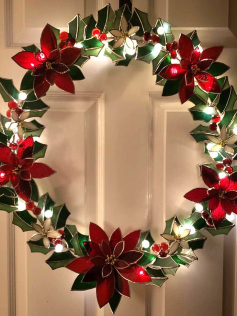 Wreath Stained Glass, Stained Glass Wreath, Glass Poinsettia, Lighted Wreath, Holly Leaves And Berries, Poinsettia Flowers, Poinsettia Wreath, Kiln Formed Glass, Holly Wreath