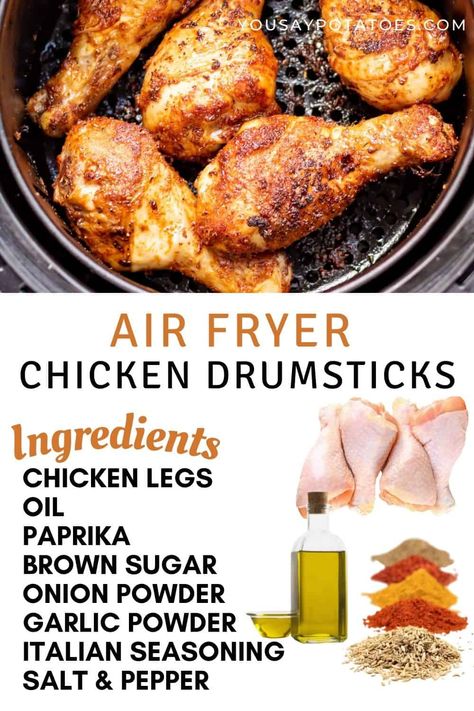 Fried chicken legs in an air fryer, with text: air fryer chicken drumsticks and a list of ingredients. Air Fryer Chicken Leg Recipe, Legs In The Air, Chicken Drums, Chicken Leg Recipes, Fry Chicken, Cooks Air Fryer, Drumstick Recipes, Chicken Drumstick Recipes, Air Fried Food