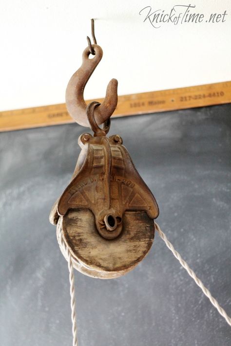 Barn Pulley Light - Knick of Time Wooden Pulley Ideas, Pulley Light Fixture, Antique Pulley Light, Chandelier Pulley System, Pulley Wall Light, Pulley Simple Machine, Pulley Light, Salvaged Decor, Mason Jar Light Fixture