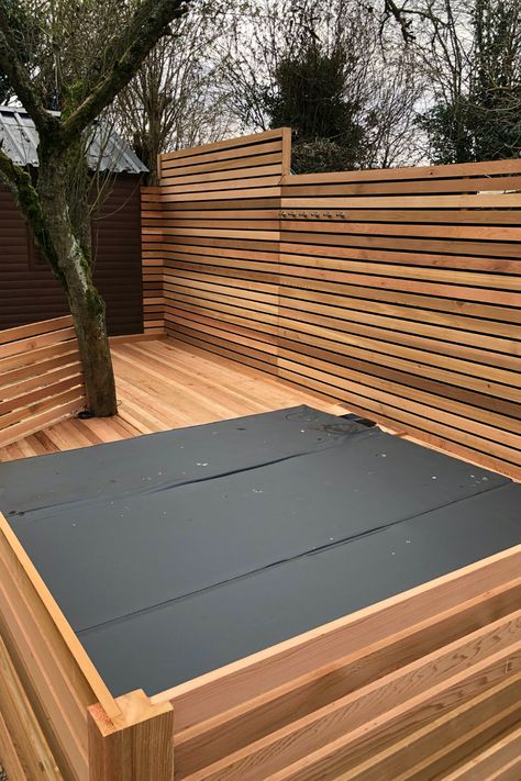 Looking for Hot Tub Deck Ideas? Have a read of this article. We cover it all from above ground decks to sunken hot tubs. Looks to think about. #hottubdeck #ideas #decking Hot Tub Deck Design, Hot Tub Privacy, Sunken Hot Tub, Hot Tub Landscaping, Tub Deck, Hot Tub Surround, Hot Tub Patio, Diy Hot Tub, Hot Tub Deck